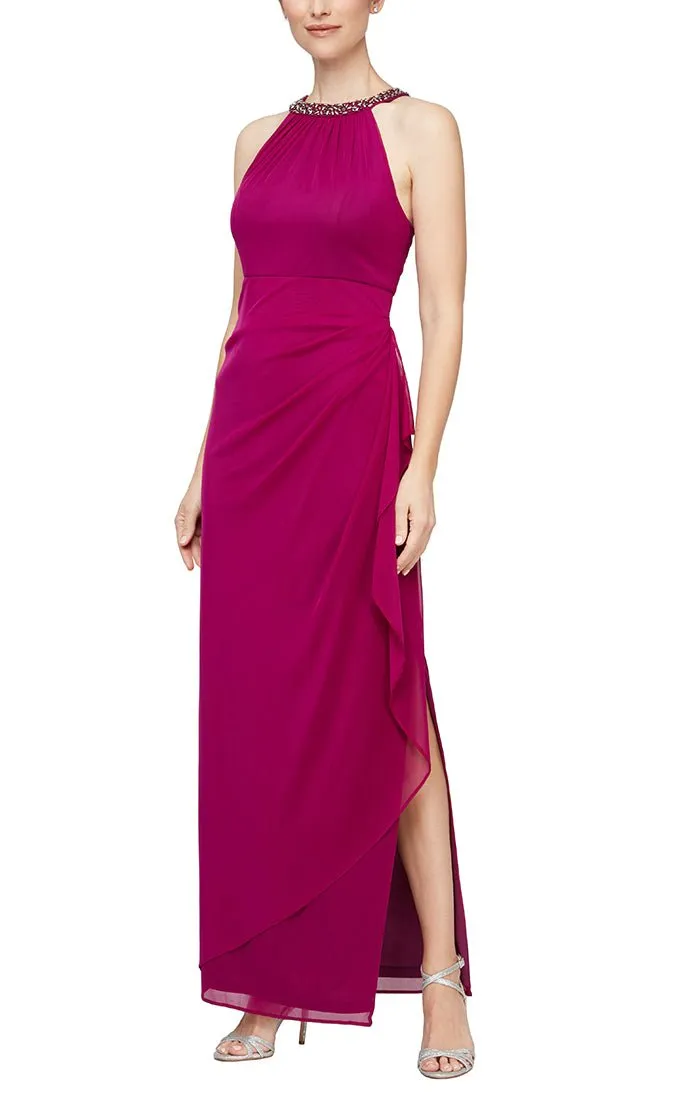 Regular - Mesh Dress with Beaded Halter Style Neckline and Cascade Ruffle Detail Skirt sold by Alex Evenings