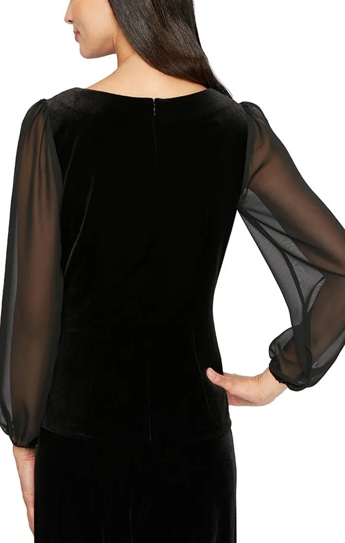 3/4 Sleeve Velvet Blouse with Embellished Ruched Waist Detail & Illusion Sleeves sold by Alex Evenings product image thumbnail 2