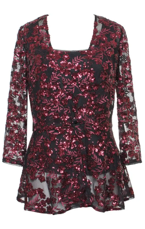 Plus - Embroidered Sequin Twinset with Center Front Closure Peplum Hem Jacket sold by Alex Evenings