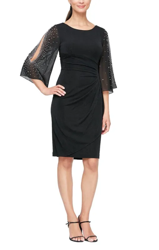 Regular - Metallic Knit Party Dress with Embellished Illusion Sleeves sold by Alex Evenings