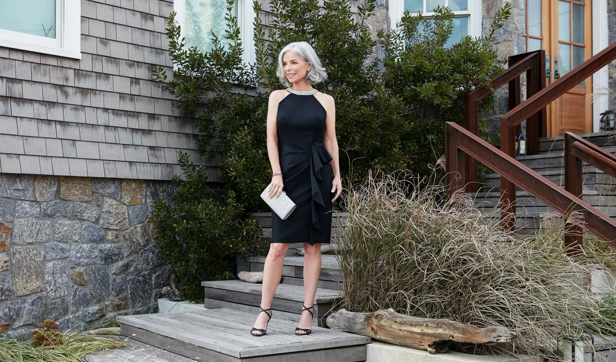 Petite - Halter Neck Sheath Metallic Knit Dress with Beaded Neckline & Cascade Ruffle sold by Alex Evenings product image thumbnail 3