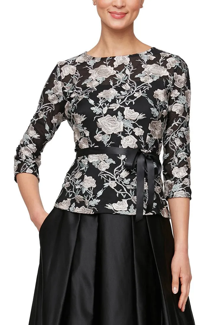 Regular - 3/4 Sleeve Embroidered Stretch Tulle Blouse with Tie Belt sold by Alex Evenings