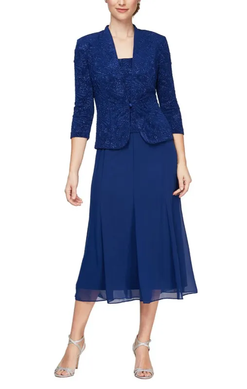 Regular - Glitter Jacquard Knit Jacket Dress with Tea-Length Mesh Skirt sold by Alex Evenings