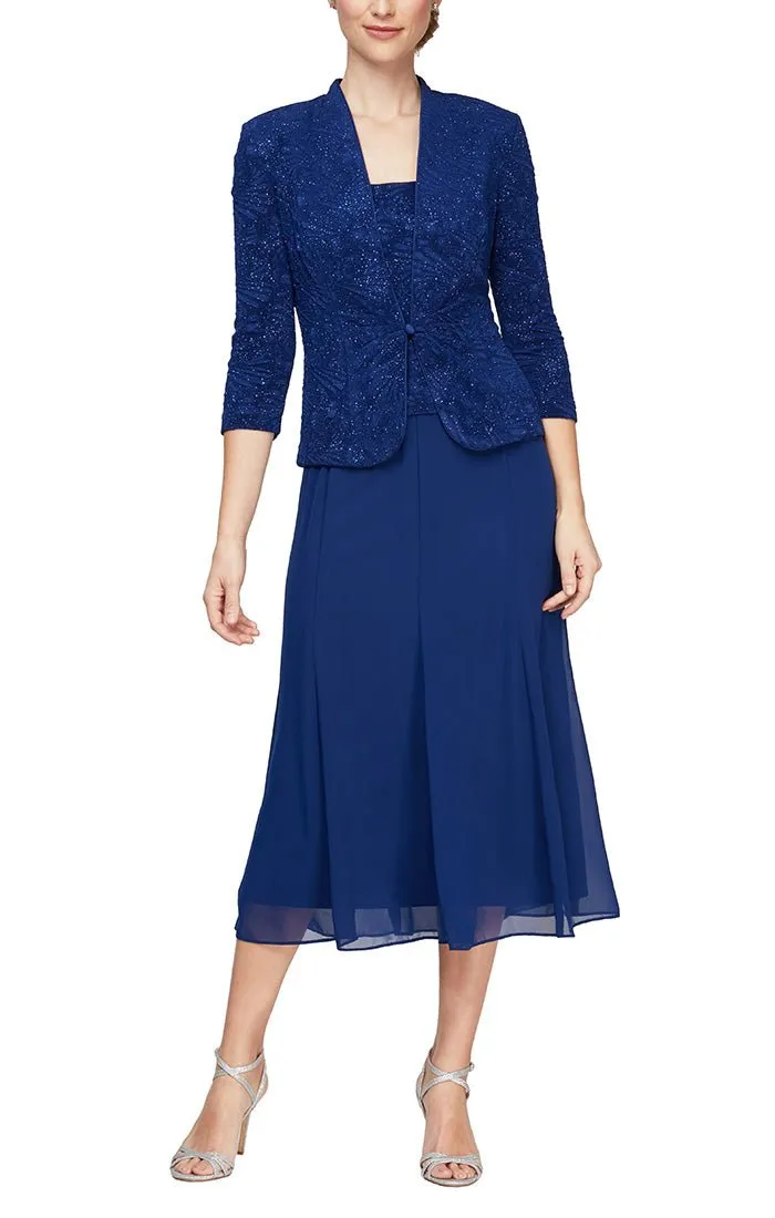 Regular - Glitter Jacquard Knit Jacket Dress with Tea-Length Mesh Skirt sold by Alex Evenings