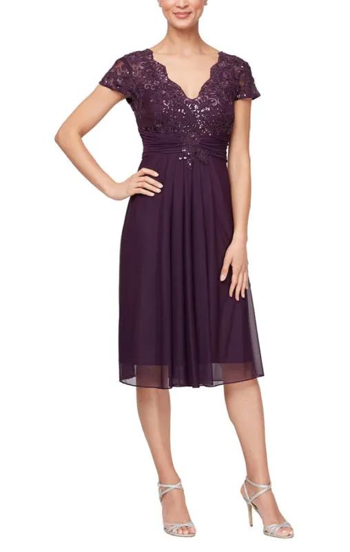 Regular - Short Cap Sleeve Empire Waist Dress with Scallop Detail & Ruched Waist sold by Alex Evenings