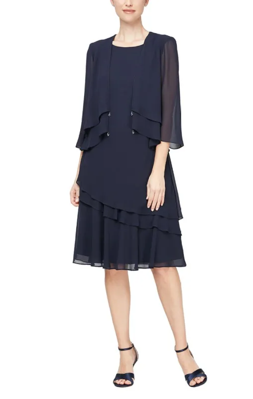 *Short Yoryu Jacket Dress with Assymetric Triple Tier Hem sold by Alex Evenings