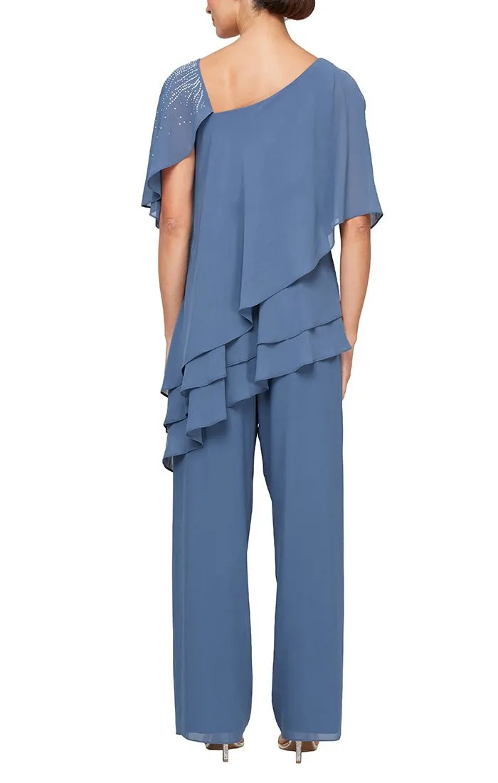 *Pantsuit with Embellished L-Neckline, Asymmetric Triple Tier Hem and Straight Leg Pant sold by Alex Evenings product image thumbnail 4