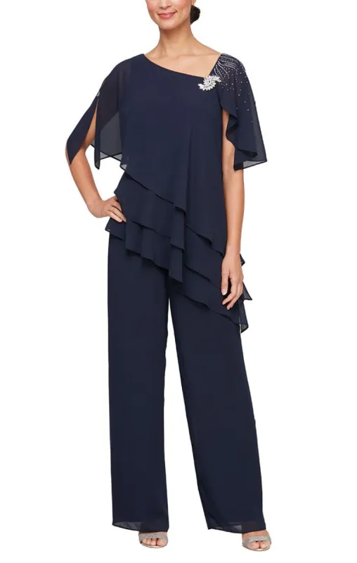 *Pantsuit with Embellished L-Neckline, Asymmetric Triple Tier Hem and Straight Leg Pant sold by Alex Evenings