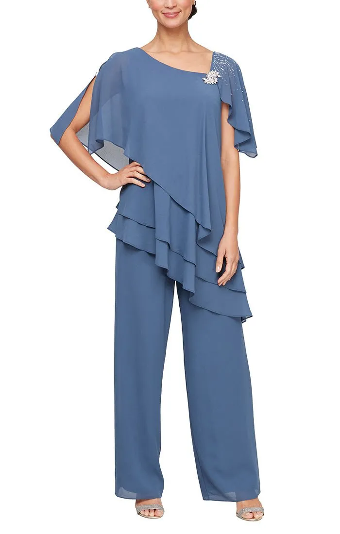 *Pantsuit with Embellished L-Neckline, Asymmetric Triple Tier Hem and Straight Leg Pant sold by Alex Evenings product image thumbnail 3