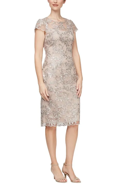Petite Embroidered Sheath Dress with Illusion Neckline and Cap Sleeves sold by Alex Evenings