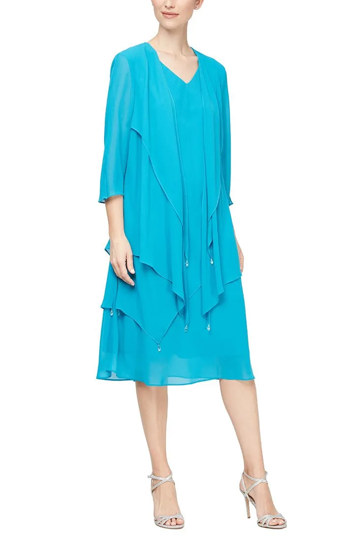 *Plus Tea-Length Chiffon Dress with Asymmetric Overlay and Tiered Cascade Detail Open Jacket sold by Alex Evenings product image thumbnail 5