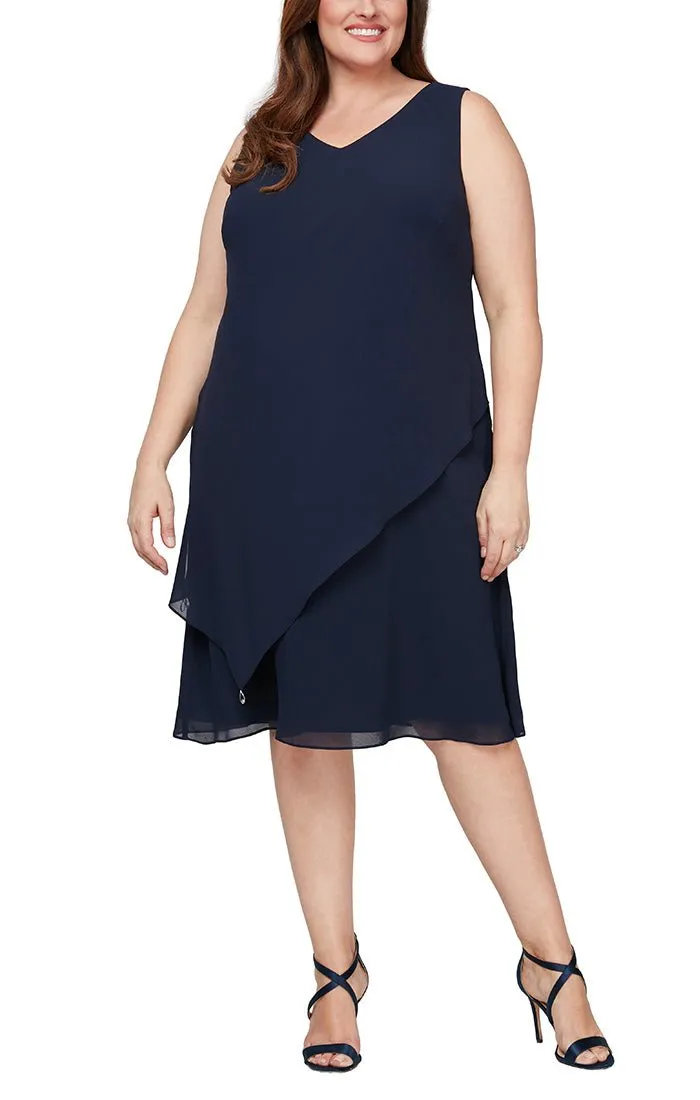*Plus Tea-Length Chiffon Dress with Asymmetric Overlay and Tiered Cascade Detail Open Jacket sold by Alex Evenings product image thumbnail 2