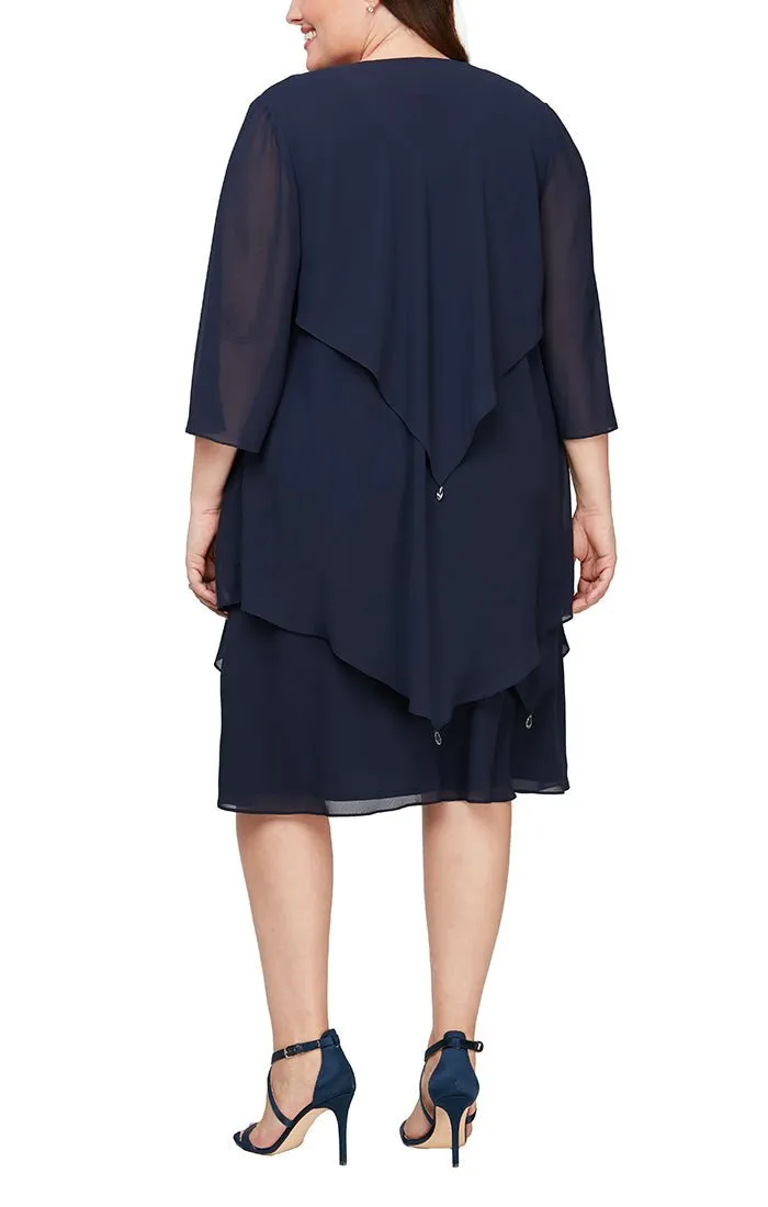 *Plus Tea-Length Chiffon Dress with Asymmetric Overlay and Tiered Cascade Detail Open Jacket sold by Alex Evenings product image thumbnail 3