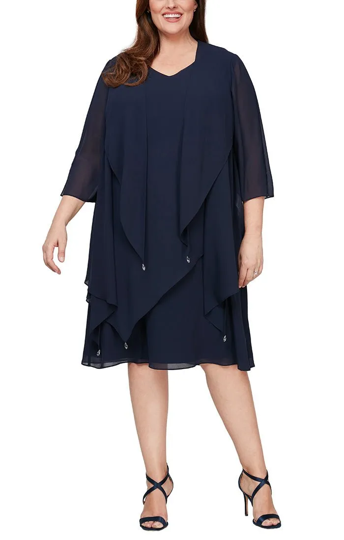 *Plus Tea-Length Chiffon Dress with Asymmetric Overlay and Tiered Cascade Detail Open Jacket sold by Alex Evenings