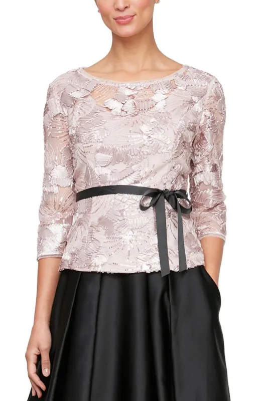 3/4 Sleeve Soutache Blouse with Illusion Neckline & Tie Belt sold by Alex Evenings