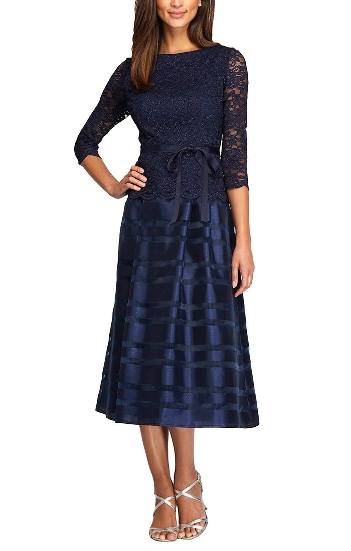 Petite Cocktail Dress with Lace Bodice, Illusion 3/4 Sleeves & Striped Organza Skirt sold by Alex Evenings