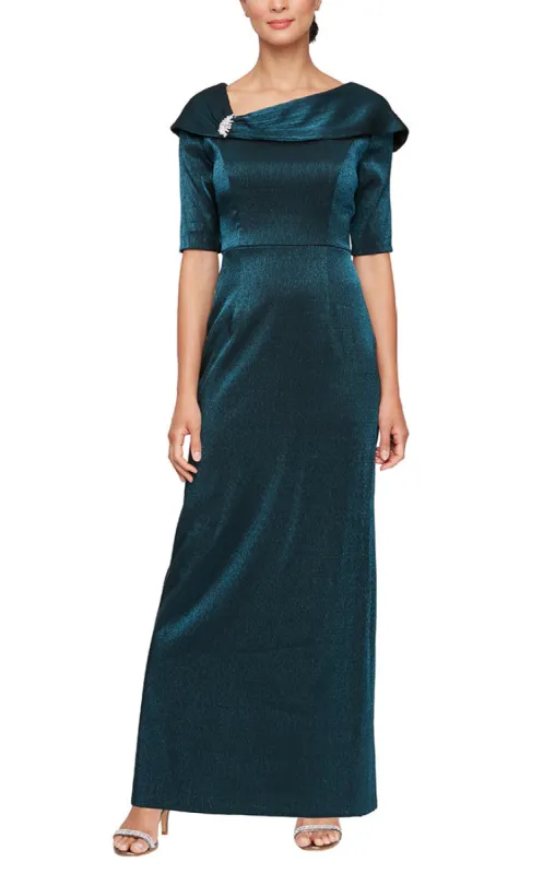 Petite - Shimmer Column Dress with Foldover Cuff L-Neckline and Elbow Sleeves sold by Alex Evenings