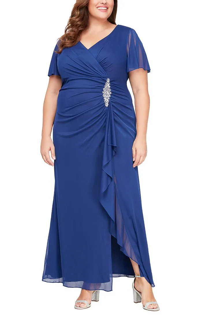 Plus Surplice Neckline Dress with Flutter Sleeves, Embellishment at Hip and Cascade Skirt Detail sold by Alex Evenings