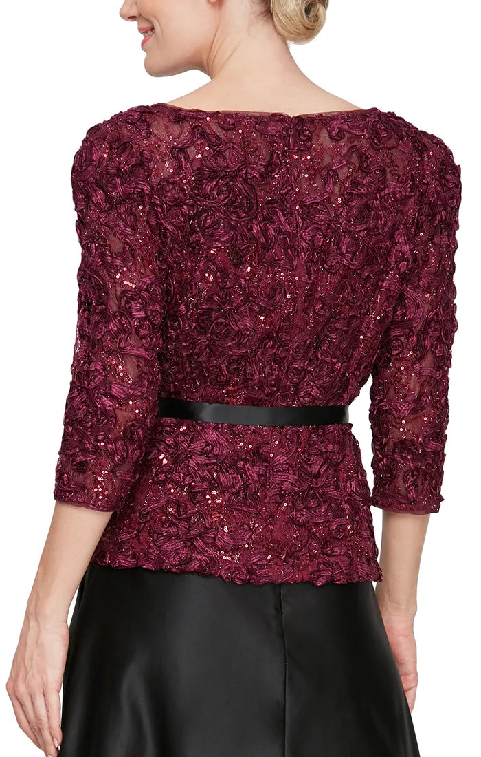 Petite 3/4 Sleeve Soutache Sequin Blouse with Puff Shoulder Sleeve Detail, Illusion Neckline & Tie Belt sold by Alex Evenings product image thumbnail 2