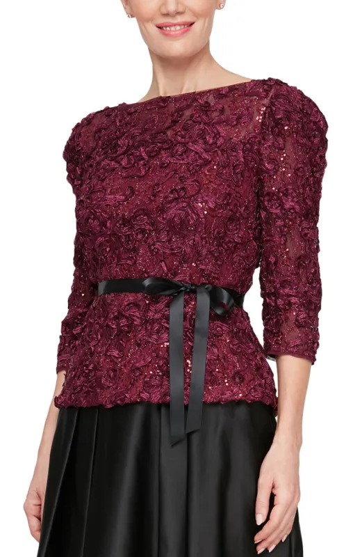 Petite 3/4 Sleeve Soutache Sequin Blouse with Puff Shoulder Sleeve Detail, Illusion Neckline & Tie Belt sold by Alex Evenings