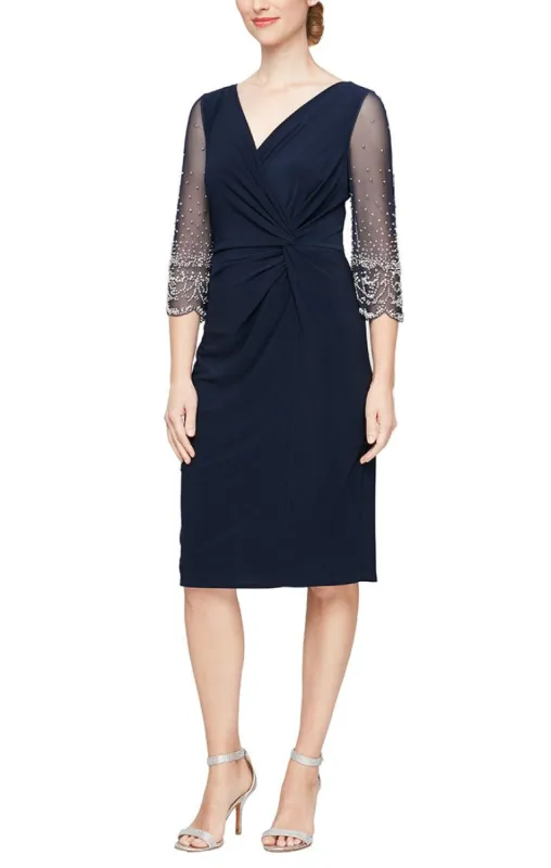 Short Matte Jersey Surplice Neckline Dress with Knot Front Detail & Embellished Sleeves sold by Alex Evenings