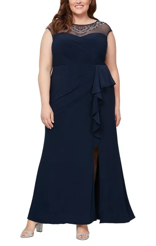 Plus Cap Sleeve Jersey Gown with Beaded Illusion Neckline & Cascade Detail Skirt sold by Alex Evenings