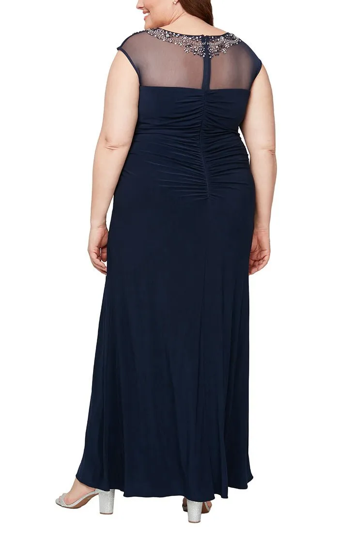 Plus Cap Sleeve Jersey Gown with Beaded Illusion Neckline & Cascade Detail Skirt sold by Alex Evenings product image thumbnail 2