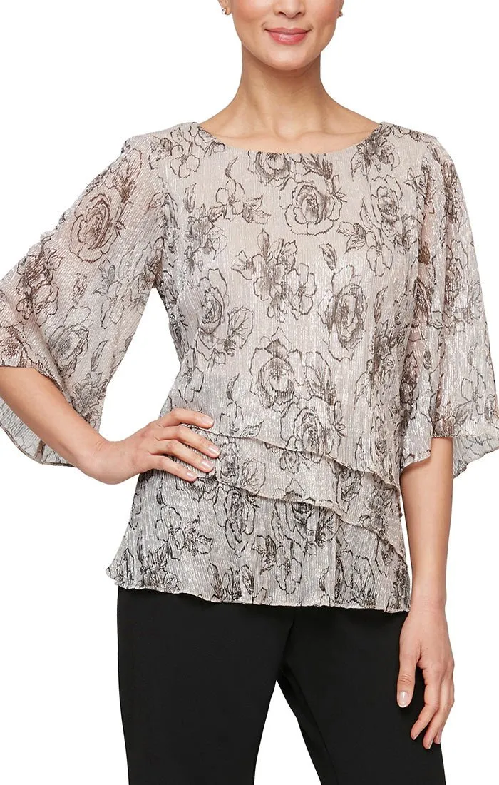 Regular - 3/4 Sleeve Printed Chiffon Blouse with Asymmetric Tiers sold by Alex Evenings