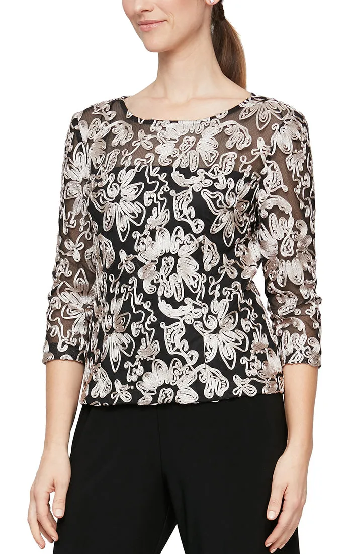 3/4 Sleeve Stretch Tulle Blouse with Embroidered Detail and Illusion Neckline sold by Alex Evenings product image thumbnail 2