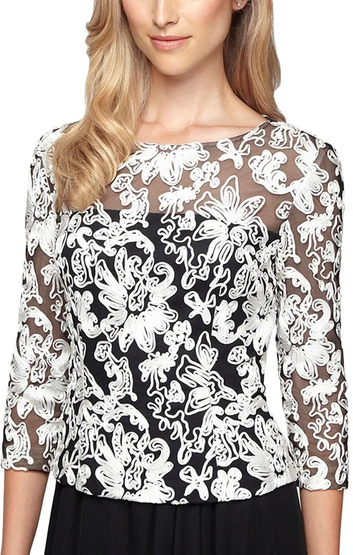 3/4 Sleeve Stretch Tulle Blouse with Embroidered Detail and Illusion Neckline sold by Alex Evenings