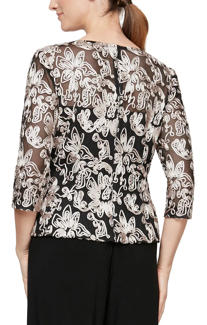3/4 Sleeve Stretch Tulle Blouse with Embroidered Detail and Illusion Neckline sold by Alex Evenings product image thumbnail 3