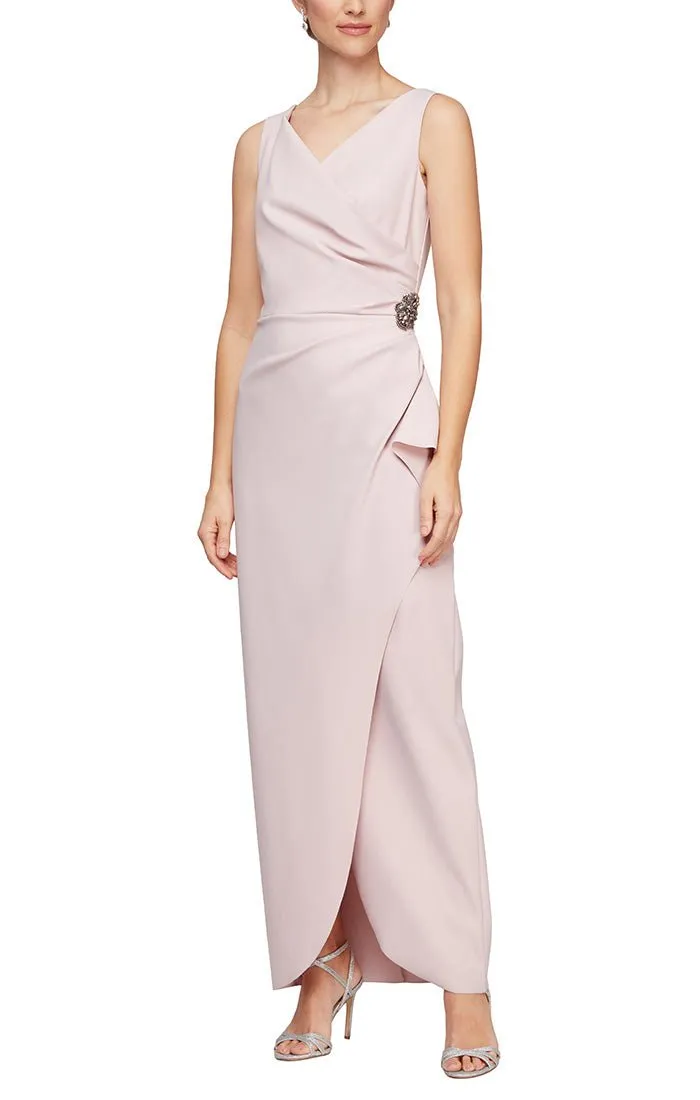 Sleeveless Compression Sheath Gown with Surplice Neckline & Beaded Detail at Hip sold by Alex Evenings
