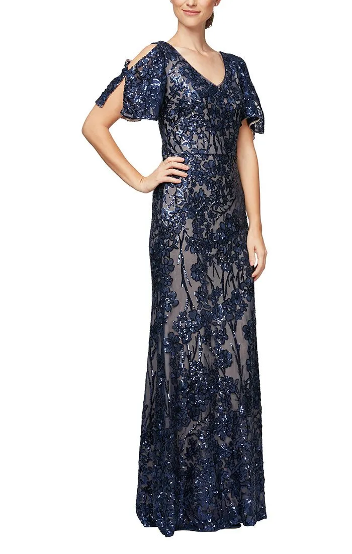 V-Neck Sequin Dress with Cold Shoulder Flutter Sleeve sold by Alex Evenings