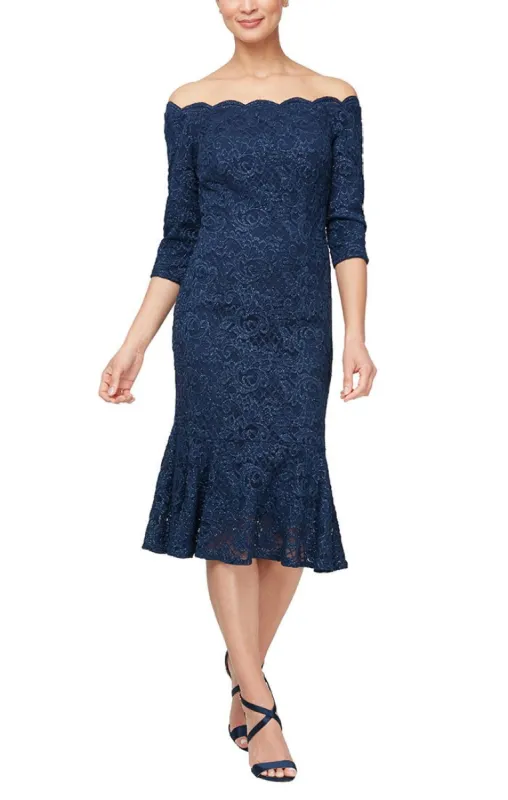 Regular - Midi Off the Shoulder Glitter Fit and Flare Dress with Scallop Detail Neckline sold by Alex Evenings