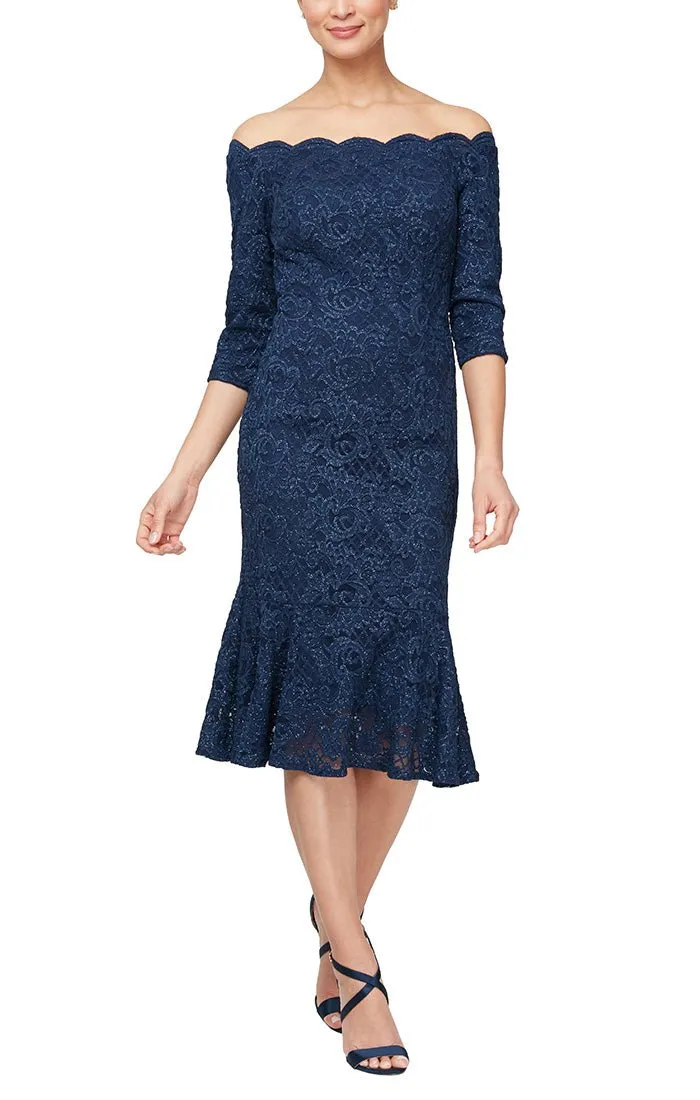 Regular - Midi Off the Shoulder Glitter Fit and Flare Dress with Scallop Detail Neckline sold by Alex Evenings