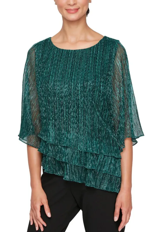 Regular - 3/4 Sleeve Metallic Knit Blouse with Asymmetric Triple Tier Hem sold by Alex Evenings