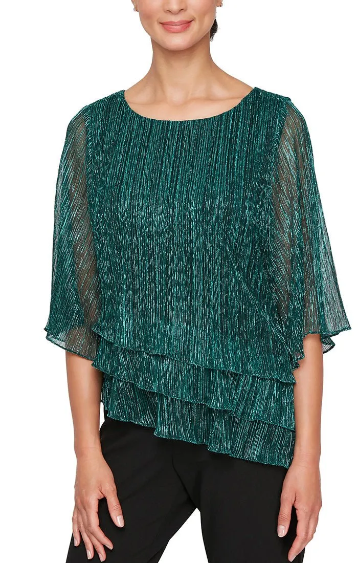 Regular - 3/4 Sleeve Metallic Knit Blouse with Asymmetric Triple Tier Hem sold by Alex Evenings