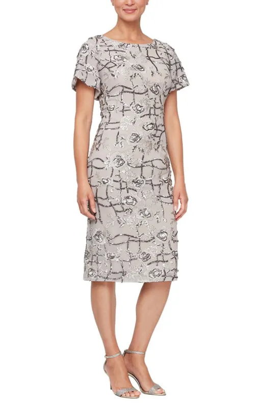 Regular - Short Embroidered Sheath Dress with Flutter Sleeves sold by Alex Evenings