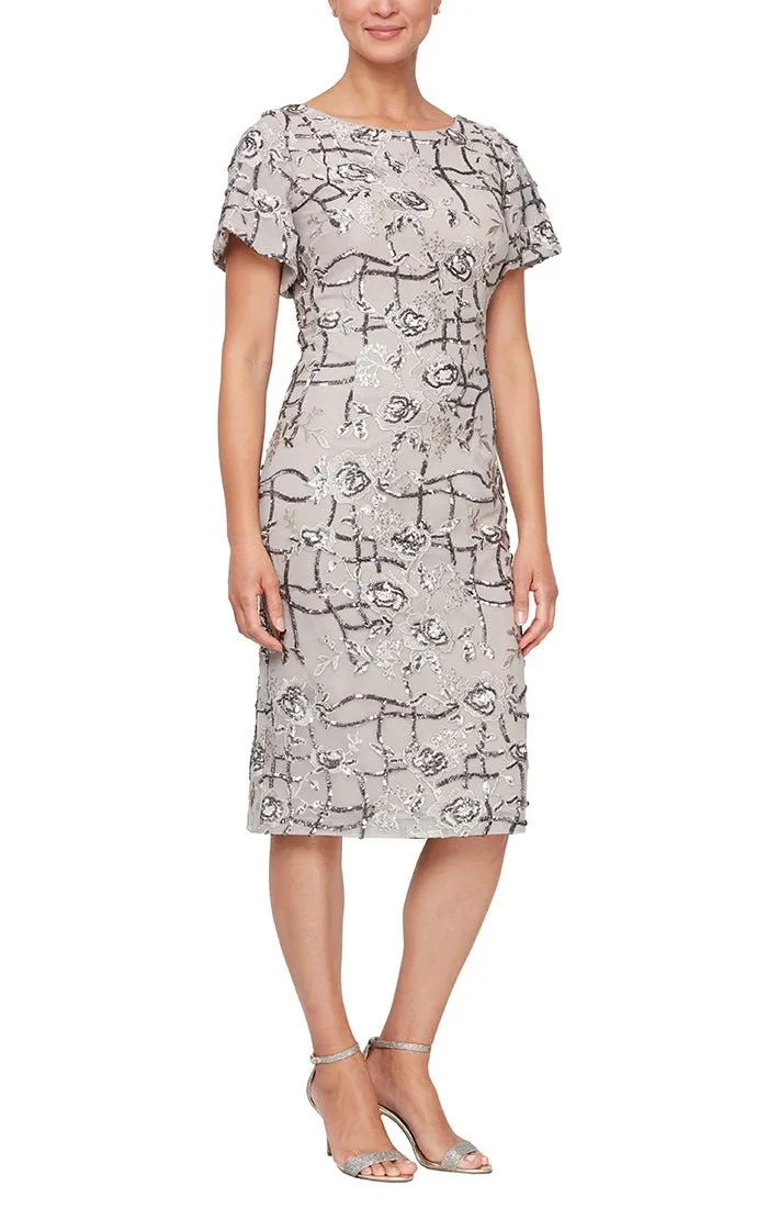 Regular - Short Embroidered Sheath Dress with Flutter Sleeves sold by Alex Evenings
