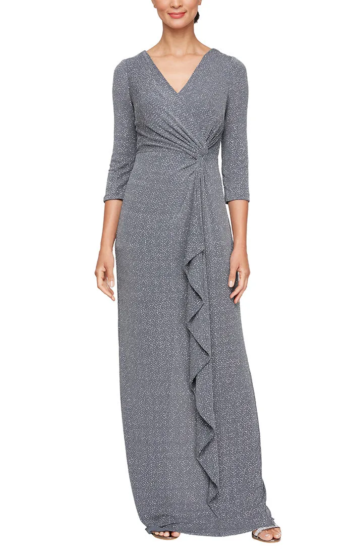 *Metallic Knit Gown with Twist Knot Waist & Ruffle Skirt Detail sold by Alex Evenings