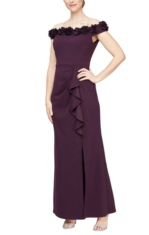 *Off-the-Shoulder Crepe Gown with 3D Floral Neckline sold by Alex Evenings