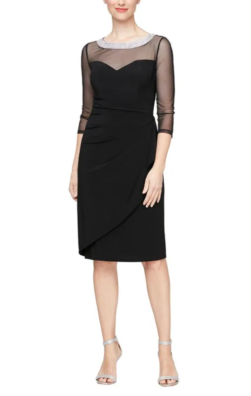 Sheath Crepe Dress with Embellished Sweetheart Illusion Neckline and Cascade Detail Skirt sold by Alex Evenings