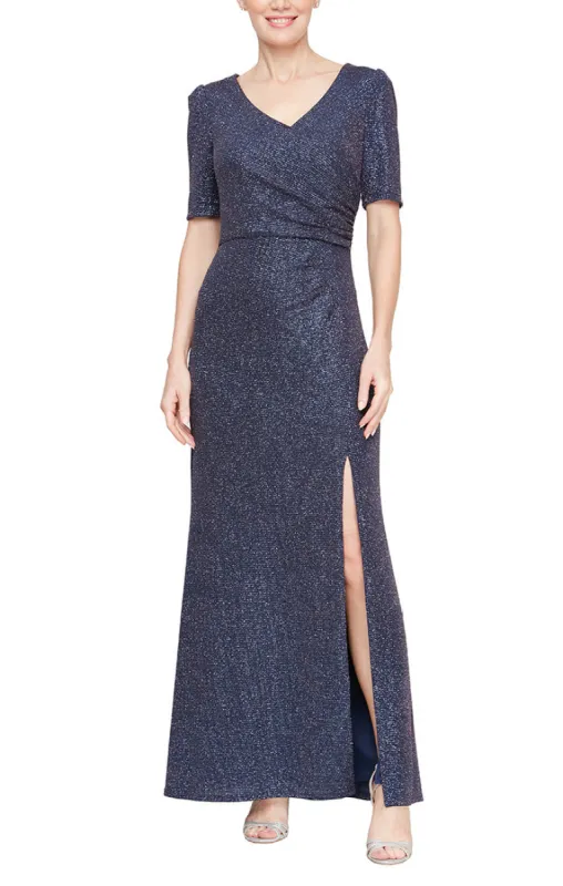 Petite - Metallic Glitter Knit Surplice Neckline Dress with Front Slit & Elbow Sleeves sold by Alex Evenings