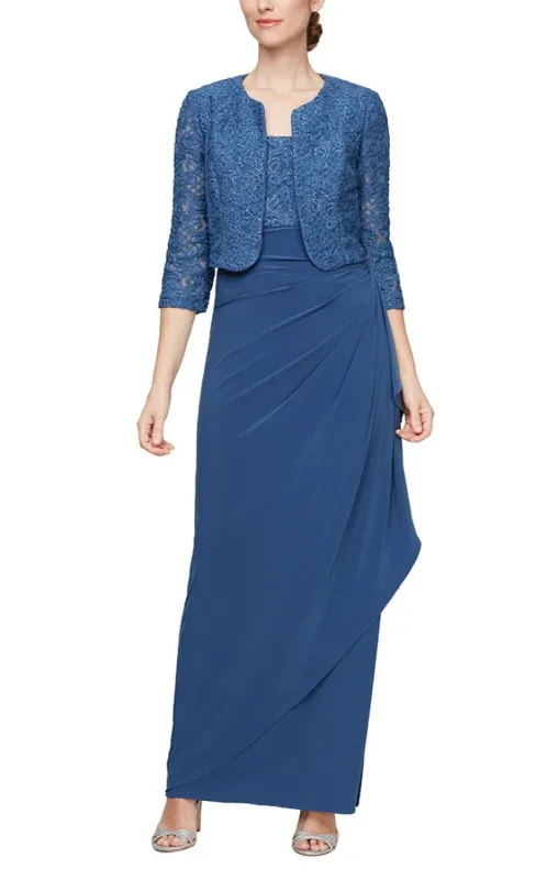 Long Empire Waist Bolero Jacket Dress With Open Jacket, Scoop Neck Bodice and Cascade Detail Skirt sold by Alex Evenings