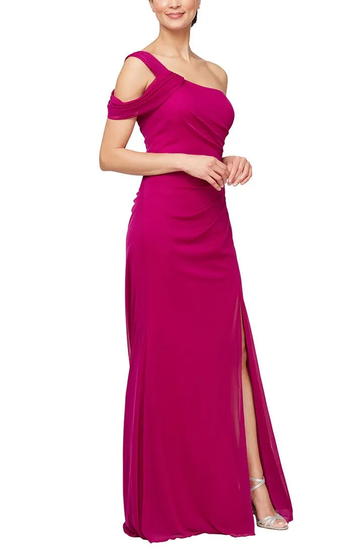 Petite - Long One Shoulder Stretch Mesh Dress with Cold Shoulder Sleeve sold by Alex Evenings