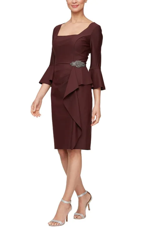 Regular - Square Neck Sheath Dress with Bell Sleeves & Embellished Cascade Ruffle Detail sold by Alex Evenings