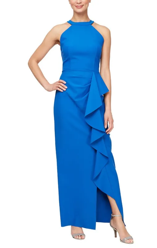 Regular - Halter Neck Compression Gown with Cascade Ruffle Skirt sold by Alex Evenings