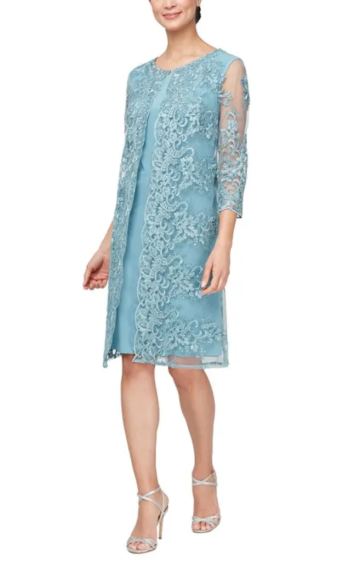 Petite - Embroidered Mock Jacket Dress with Attached Jacket, Scallop Detail & Illusion Sleeves sold by Alex Evenings