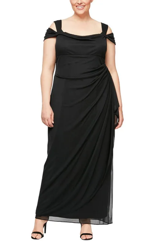 Plus Cold Shoulder Mesh Gown with Cowl Neckline & Overlay Skirt sold by Alex Evenings
