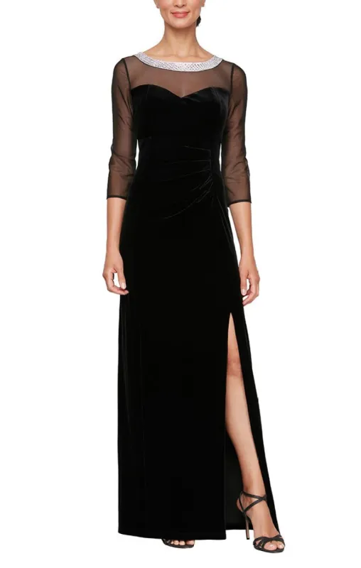 Petite - Velvet 3/4 Sleeve Side Ruched Dress with Embellished Neckline sold by Alex Evenings